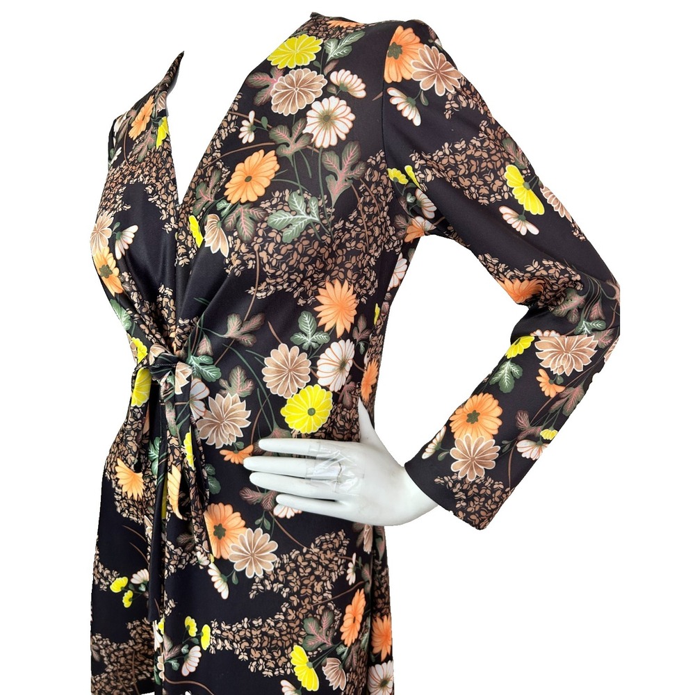 70s Floral Maxi Dress Size 8-10 M-L Brown V-Neck Twist Front Long Sleeve EUC - Picture 10 of 12